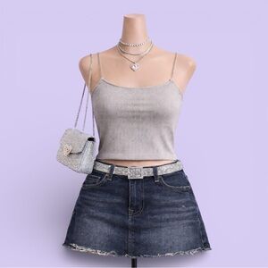 Y2K Taupe Ribbed Chain Strap Crop Top S Grunge Stretch Metal Goth Ribbed Tank